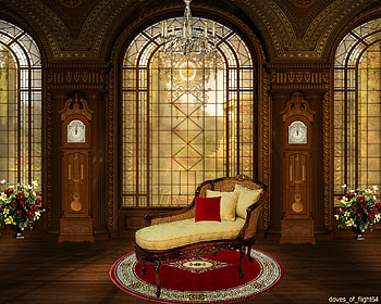 Golden Momories, chair, clockmflowers, red, yellow HD wallpaper
