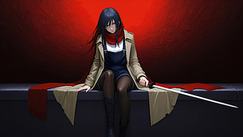 Black Haired Anime Sword Maiden, sword, black, hair, anime-girl, artist, artwork, art, digital-art, ai, deviantart HD wallpaper