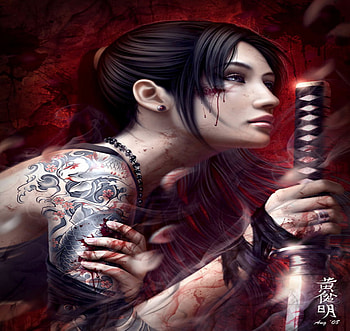 swordgirl, sword, fantasy, woman, red HD wallpaper