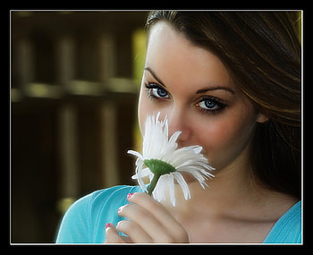 Blue eyes, blue, model, flower, eyes, girl HD wallpaper