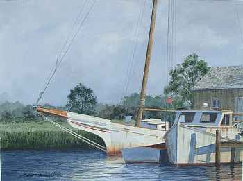 The Marina, painting, boats, bay, marina, shack, dock HD wallpaper