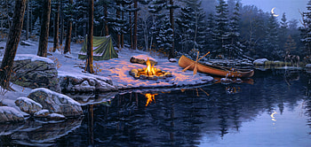Back in the pine, Boat, Winter, Forest, Moon, Snow, Lake HD wallpaper