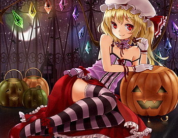Pumpkin, blond hair, blonde, red eyes, dress, beauty, nice, halloween, wing, sinister, short hair, blonde hair, female, wings, sweet, blond, girl, beautiful, vampire, anime girl, anime, pretty, touhou, gown, lovely, flandre scarlet HD wallpaper