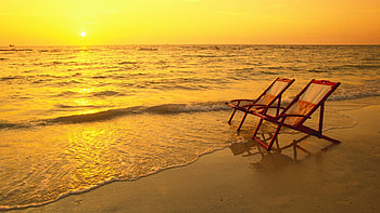 Nature, Sunset, Sea, Waves, Shore, Bank, Gurgling, Murmur, Chairs, Armchairs HD wallpaper