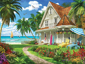 Beach House , flowers, cottage, palms, boat, artwork, digital HD wallpaper