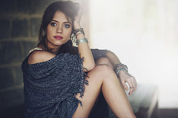 Day Dreaming, blue wrap, sheers, blue eyes, sitting, window, brunette, bracelets, focussing away HD wallpaper