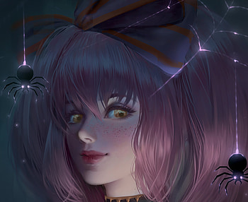 Witch, chubymi, art, girl, spider, halloween, pink, portrait, face, grimlord sakura, luminos HD wallpaper