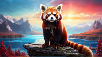 Red Panda, red panda, sunset, mountain, lake, Animal HD wallpaper