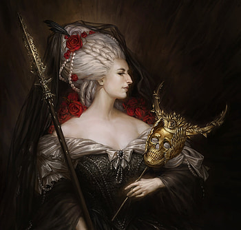 Venus, art, fantasy, girl, valera lutfullina, demon, woman, golden, horns, skull HD wallpaper