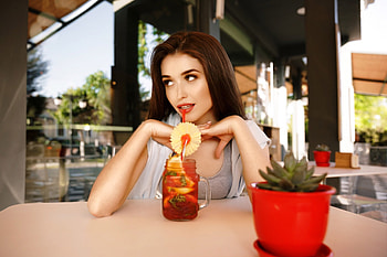 Woman model, brunette, drink, beautiful HD wallpaper