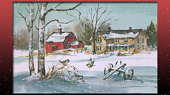 Old Christmas Card, birches, birds, barn, snow, winter HD wallpaper