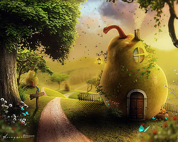 Pear house, pear, fantasy, house, luminos, hosne qanadelo HD wallpaper