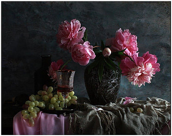 peonies, grapes and wine, still life, peonies, grapes, flowers, wine HD wallpaper