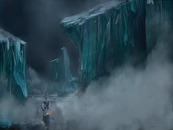 Among The Icebergs, blue, ship, icebergs, art, fog, fantasy, cool, sky, ice HD wallpaper