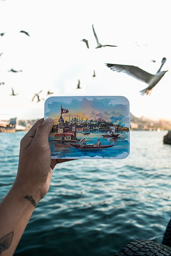 A hand holds an illustrated scene of Istanbul with flying seagulls in the background. HD phone wallpaper