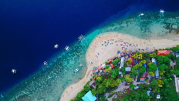 A stunning aerial view of Oslob Beach, Cebu, with vibrant blue waters and lush greenery. HD wallpaper