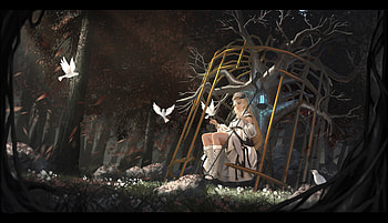 :), frumusete, white, black, bird, art, girl, cage, dark, fantasy, luminos, tagme, pasari HD wallpaper