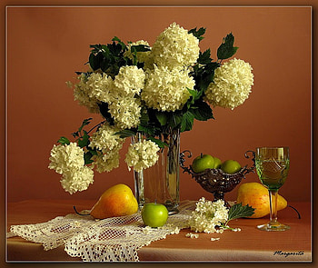 still life, bouquet, gentle, graphy, lace, nice, flower, fruit, , vase, beautiful, cup, pear, elegant, cool, apple, flowers, harmony, drink HD wallpaper