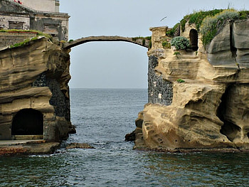 between two banks, sea, house, bridge, sky, nature, rocks, ocean, beach HD wallpaper
