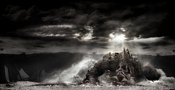 monster island, sea, island, fantasy, boats, monster, water, mausti HD wallpaper