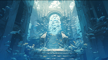 Underwater Ruins, ruin, fantasy, underwater HD wallpaper