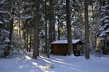 A Quiet Place, sunshine, winter, snow, winter-camping, trees, cabin, quiet-place HD wallpaper