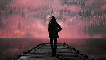 Girl in hood, silhouette, at pier, fantasy, art HD wallpaper