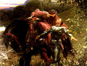 La Belle, horse, art, knight, woman, painting, love, red head, mountains, forest HD wallpaper