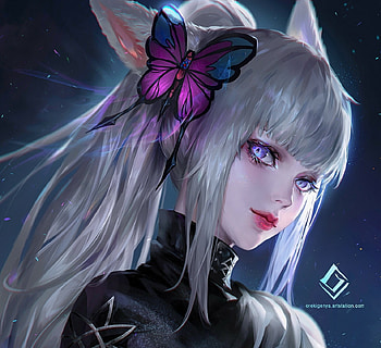 Fantasy girl, orekingenia, blue, purple, art, butterfly, fantasy, face, girl HD wallpaper
