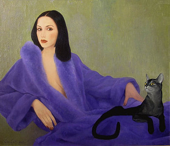 The lady and the cat, kitten, painting, art, cat, people, woman HD wallpaper