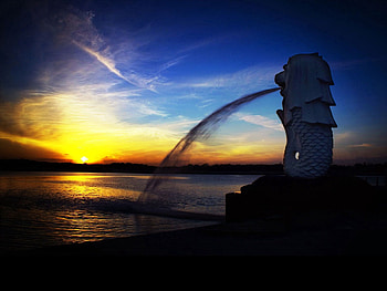 Nature, Sunset, Sky, Sea, Fountain, Statue HD wallpaper
