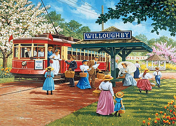 Willoughby, trees, people, vintage, tram, painting HD wallpaper
