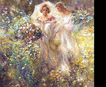 Jose Royo art, umbrella, white, art, girl, jose royo, woman, painting, nature, flowers HD wallpaper