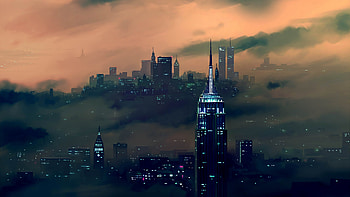 Night, dusk, New York, city, buildings, art HD wallpaper