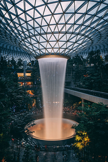 Trees, Architecture, Interior, Fountain, Building, Miscellanea, Miscellaneous HD phone wallpaper