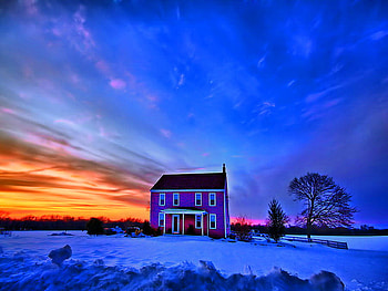 Golden sky, blue, golden, blue land, house, red, clouds, sky, nature HD wallpaper