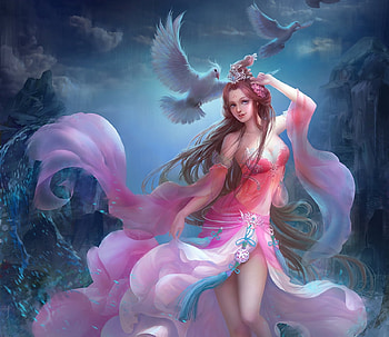 Fantasy girl, blue, merci mon, frumusete, dove, bird, pasare, wind, pink, fantasy, gjschoolart, luminos HD wallpaper