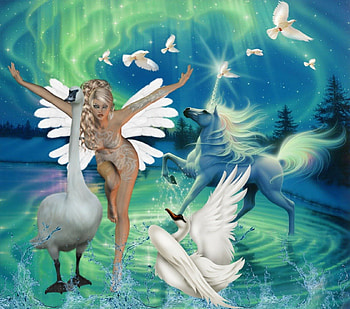 Swan Fairy, fairy, horse, birds, swan, water, lake HD wallpaper
