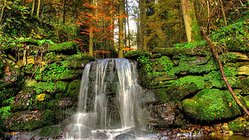 Nature, Stones, Waterfall, Vegetation, Moss, Jet HD wallpaper