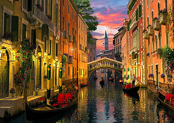 Venice at dusk, gondola, river, boat, dusk, nice, reflection, Venice, amazing, water, canal, art, beautiful, Italy, pretty, lights, bridge, nature, sky, romantic, lovely HD wallpaper