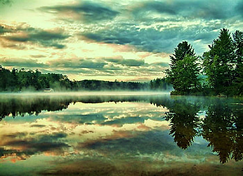 Last summer days, clouds, trees, cottage, aqua sky, lake, calm water HD wallpaper