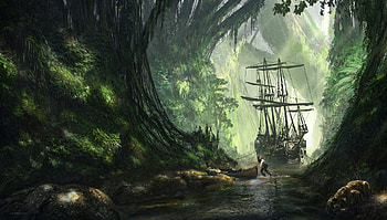 Jack Sparrow, Ship, River, Fantasy, Forest, Pirate, Tiger HD wallpaper