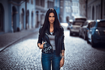 Street, portrait, leather jacket, girl model HD wallpaper