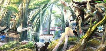 Kitsune Forest, nekomimi, beauty, nice, scenery, scenic, , jungle, female, sweet, tails, scene, neko mimi, kitsune, girl, beautiful, tree, anime girl, plant, neko, anime, pretty, ears, nature, lovely, forest HD wallpaper