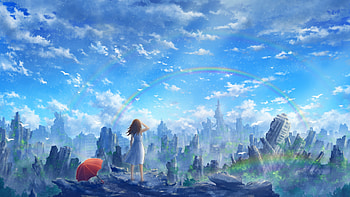 Anime Girl Is Standing On Rock Under Clouds Blue Sky In Rainbow Background Anime Girl HD wallpaper
