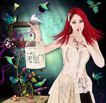 ~Queen of Birds~, birds, cute, digital art, doves, dress, little flowers, animals, hearts, female, ribbon, blue birds, beautiful, cage, backgrounds, fantasy, pretty, manipulation, models, girls, women, lovely, hair HD wallpaper