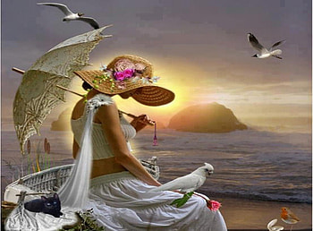 Relax on the beach, umbrella, birds, sunlight, ocean view, peaceful, relax, sit, sunrise, beauty, reflection, moon, sun, hat, ocean, sunset, sea, pink rose, cat, beautiful, look around, sun rays, woman, clouds, sky, lovely, splendor, parrot HD wallpaper