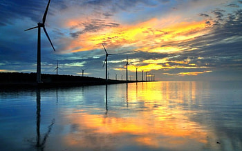 windmills, cool, nature, lake HD wallpaper
