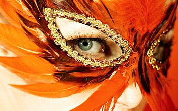 Orange mask, golden, feather, mask, yellow, eyes, orange HD wallpaper