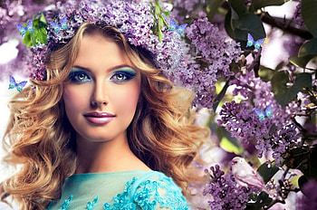Lilac Wreath, lilacs, floral, butterflies, vivid, bold, female, stunning, breathtaking, bird, gorgeous, girl, beautiful, woman, pretty, flowers, women, lovely, wreath HD wallpaper